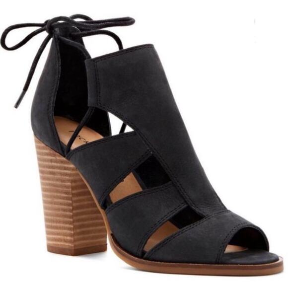 Lucky Brand Size 7.5 Lanita Black Nubuck Leather Lace Up Straps Sandals Heels - Picture 1 of 9